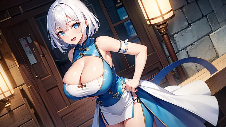 1 girl, game CG, white cheongsam, short white hair,blue eyes,cleavage visible, short cheongsam, gigantic breasts,smile, open mouth, breast hold, outside,