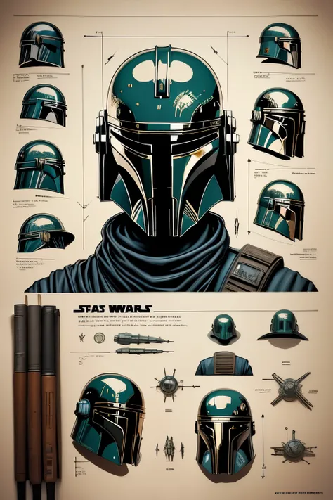 design of the plans for a helmet  (boba fett) star wars as a graphic design poster