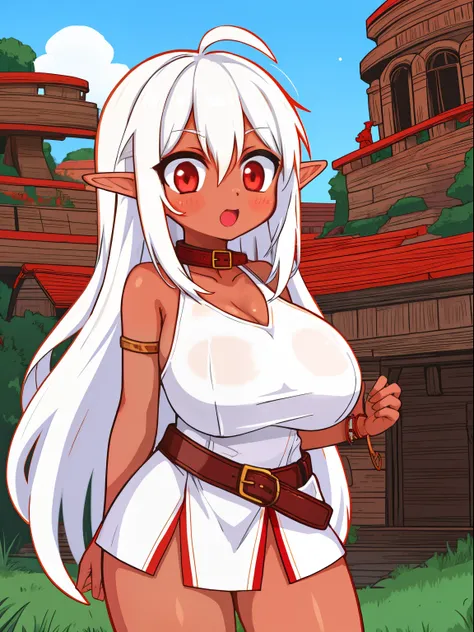 (tanned elf girl:1.2), (white_hair red_eyes) (slave attire), (collar) (belts), (huge tits)