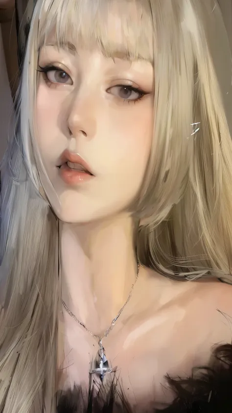 un primer plano de una mujer con el pelo largo y rubio que lleva un collar, pale porcelain white skin, retrato realista kawaii, ...