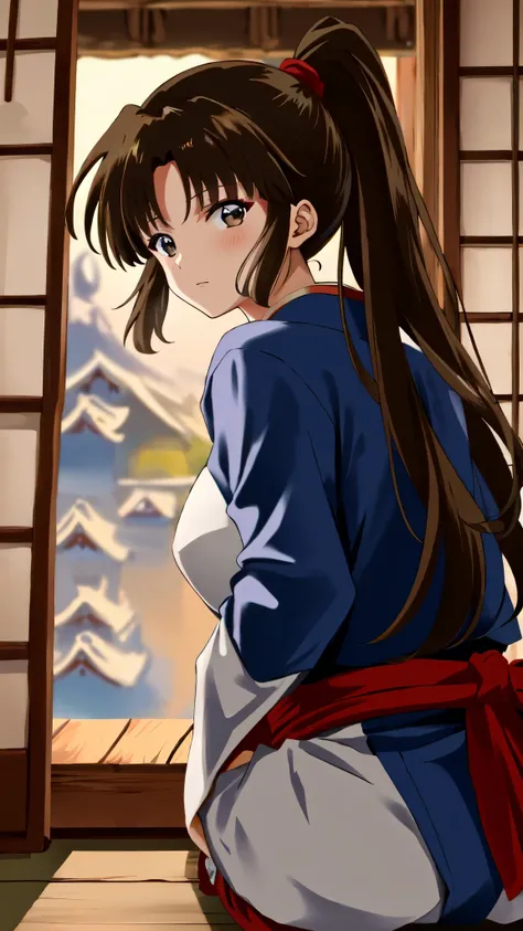 masterpiece, best quality, full body from behind,sango, KizukiAi, looking back, brown hair, brown eyes, high ponytail, long hair, medium breasts, blue kimono, multiple poses, (looking at viewer:1.3) ((Anime Screenshot, 2000s anime)), eyeshadow, night, adju...