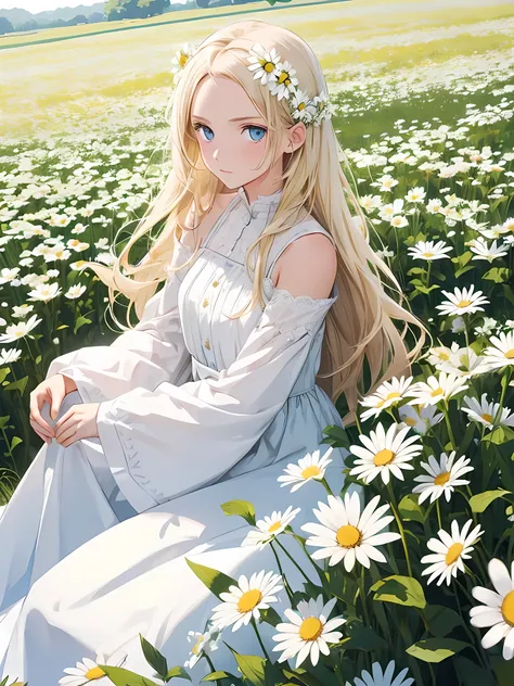 1girl,in a field of flowers,white flower,looking at viewer,blue eyes,blonde hair,daisy,long hair,pure white dress,