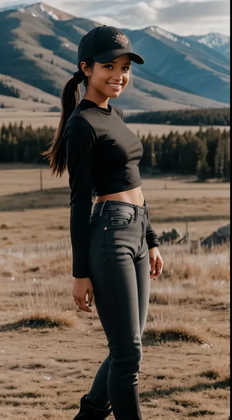 Foto hiperrealista en primer plano de Kelsey Asbille (native American ((light dark skin))), masterpiece, best quality, full body, whole person, (black long-sleeves tang top:1.2), (black jeans:1.2) (boots:1.2), (black trucker hat), on the ranch, grey day, M...