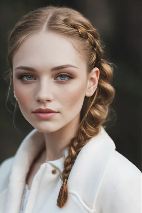 closeup portrait shot of a angelic pale woman, holy makeup,detailed freckles, with perfect braided ginger hair , (gs-womanly:0.9...