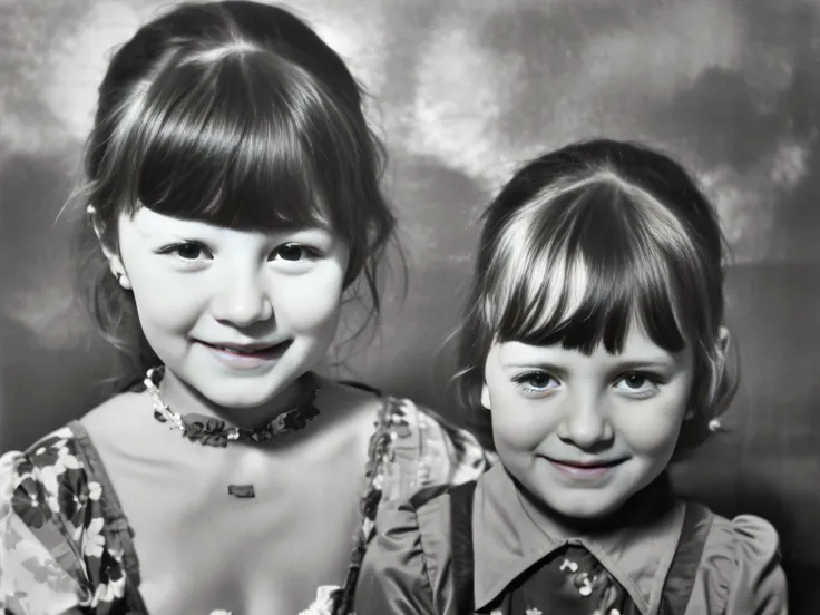 There are two young girls posing for a photo., foto historica, taken in the 1970s, foto restaurada, two girls, classic portrait, historical image, setentas, Pupilas dot, Foto de archivo, foto historica, children, photo from the 70s, 1 9 7 0 s foto, 1 9 7 5...