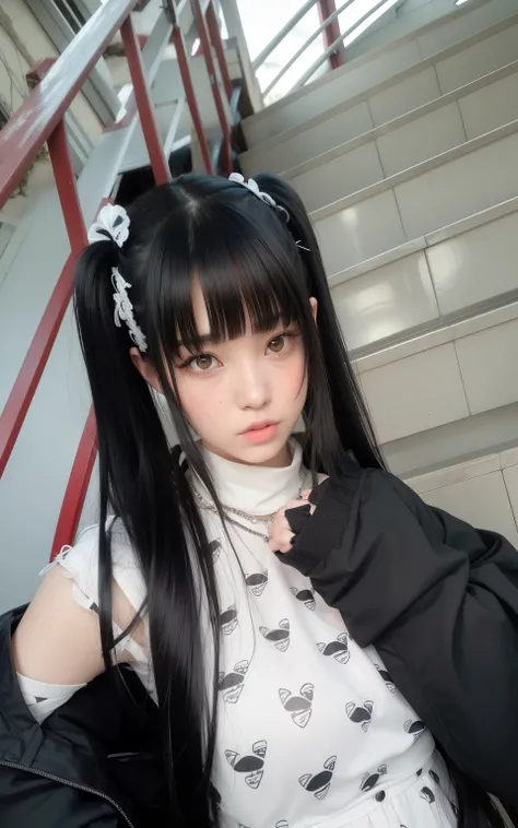 there is a woman with long black hair posing for a picture, with black pigtails, the hime cut, black hime cut hair, she has black hair with bangs, twintails hairstyle, white hime cut hairstyle, twintails, with full bangs, 1 7 - year - old anime goth girl, ...