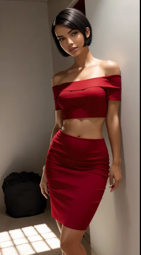 Foto hiperrealista en primer plano de Adriana Lima,, masterpiece, best quality, (photorealistic:1.4), full body, (red off-the-shoulder short sleeves short blouse  and red midi midi skirt pants), heels, small closet, shadow, darkness, cinematic light, beaut...