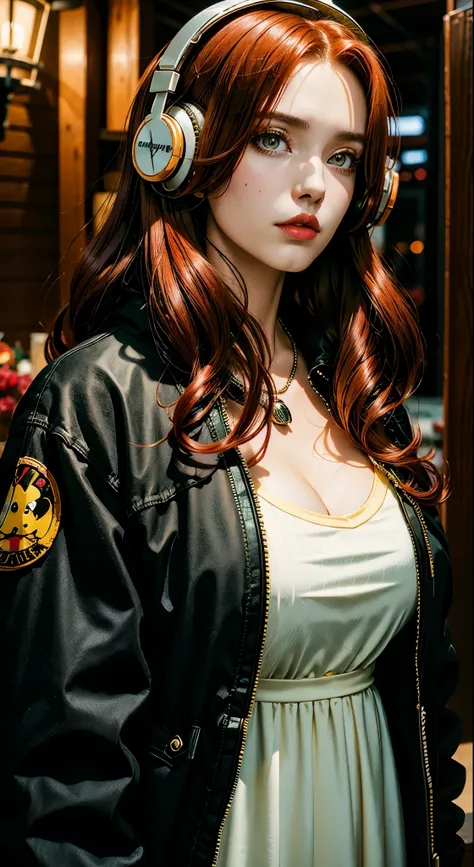 Beautiful woman, red hair, yellow eyes, large perfect snoopy breast, cleavage, highly detailed, black jacket,, vintage, dark fantasy, cowgirl, western style, headphones,