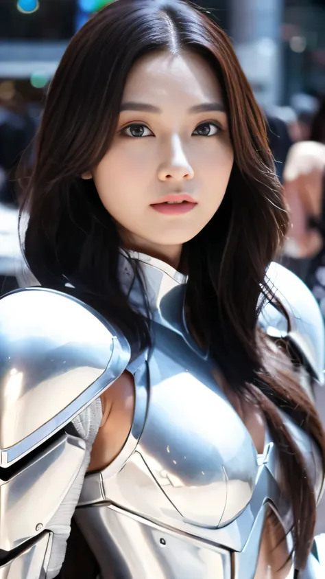 Definition Images、A woman with chestnut hair and purple eyes、White futuristic armor、blush、eye shadow、かわいいfacial details、High-definition sculpture of the whole body、facial details、futuristic cityscape