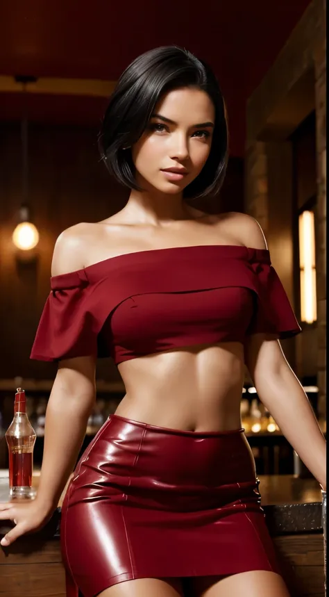 Foto hiperrealista en primer plano de Adriana Lima,, masterpiece, best quality, (photorealistic:1.4), full body, (red off-the-shoulder short sleeves short blouse  and red midi midi skirt pants), heels, siting in a cantina sitting bar tequila liquor bottles...