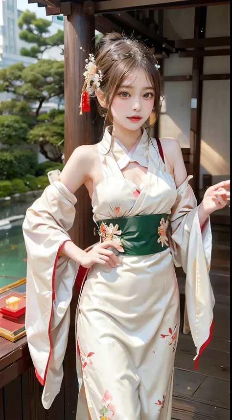 On the stage of a tranquil shrine、A beautiful shrine maiden stands gracefully。She is dressed in traditional shrine maiden costume、A combination of modest exposure and elegant design。Pale colors and delicate patterns reflect the dignity of tradition.、The co...