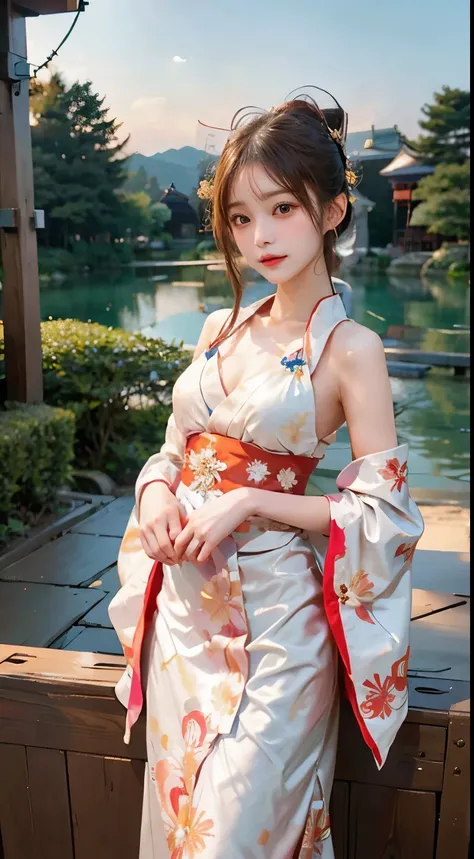 On the stage of a tranquil shrine、A beautiful shrine maiden stands gracefully。She is dressed in traditional shrine maiden costume、A combination of modest exposure and elegant design。Pale colors and delicate patterns reflect the dignity of tradition.、The co...