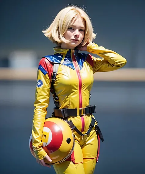 Sayla Aznable, Blonde woman with bright blue eyes wearing a yellow space suit with red trim holding a yellow and red helmet