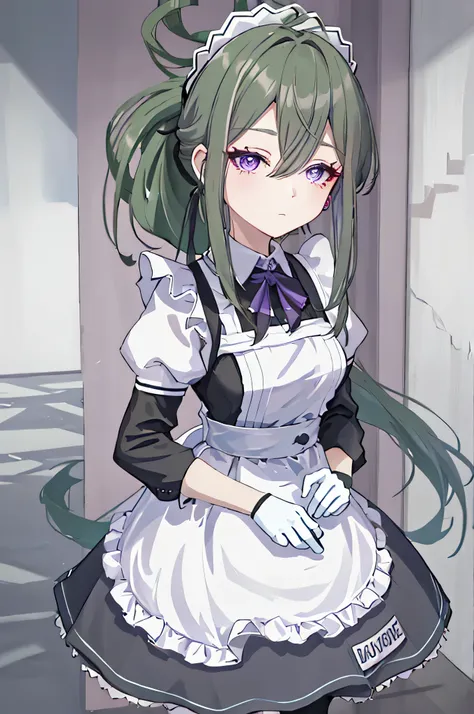 highest quality, masterpiece, high resolution, alone, {maid:1.40}, {long maid dress:1.15}, {kuki_shinobu_genshin:1.15}, green_ha...