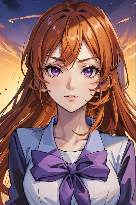 (face portrait:1.2), portrait, (masterpiece), best quality, expressive eyes, perfect face, highres, 1 girl, solo, erina nakiri, long hair, orange hair, (purple eyes:1.1), hair between eyes, bow, school uniform, jacket, zettai ryouiki, blazer, outdoor backd...