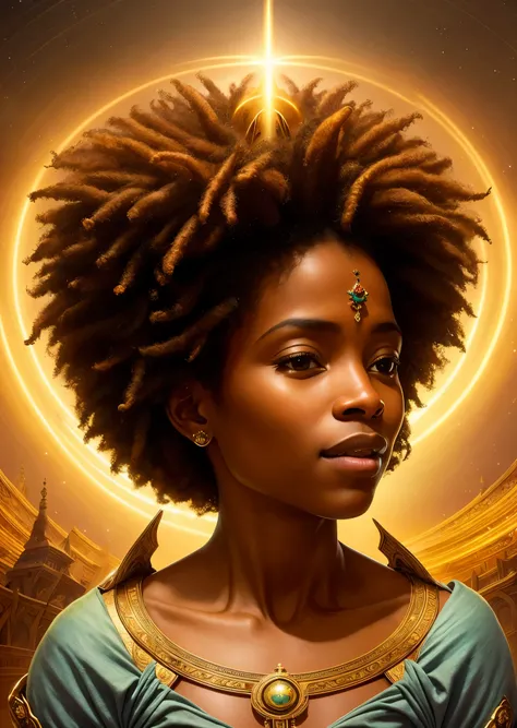  obra-prima, mulher e, santa virgem maria com africana africana pele marrom  abelo afro caindo para a frente, Tipo Rasta, boy in arms, halo over head, sorrindo, heavenly sky, meio corpo, ((luz divina)), ethereal, nuvens, background lighting, retrato realis...