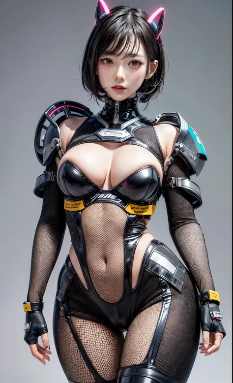 delicate face, 28 year old JPOP idol {cyborg} girl, (carbon fiber cyborg body), carbon fiber body, {{angled bob}}, (big breasts:1.15), (mechanical joint), bangs, attractive curves, central pelvis, seaside, standing posture, beach, glowing skin, ((Puffia le...