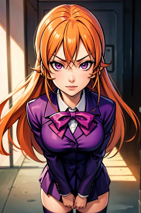 (face portrait:1.2), portrait, (masterpiece), best quality, expressive eyes, perfect face, highres, 1 girl, solo, erina nakiri, long hair, orange hair, (purple eyes:1.1), hair between eyes, bow, school uniform, jacket, zettai ryouiki, blazer, outdoor backd...