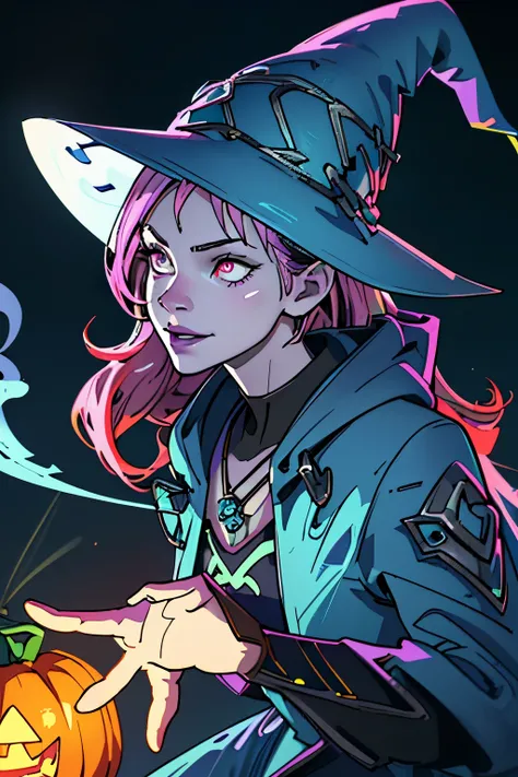 Ultra-detailed Fortnite Surf Witch illustration, high quality, vibrant colors, Fortnite game character, intricately designed costume with witches hat and surfboard, mystical and enchanting atmosphere, glowing pumpkin lanterns, ethereal swirls of smoke, det...