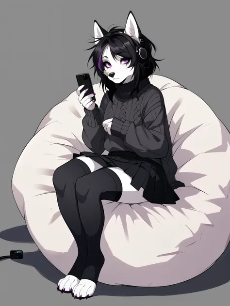 By fumiko, by hyattlen, flat colors, cell shading, anthro husky female, emo hair, black hair, hair covering one eye, purple eyes, white sclera, eyes, grey and white fur, standing, cartoon, gothic sweater, gothic skirt, thigh high socks, exposed toes, black...