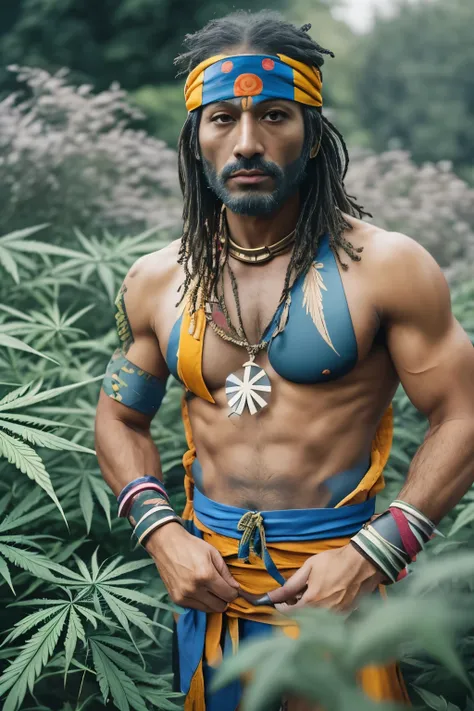 photo of a handsome tall male taino shinobi ninja wearing flowing colorful garbs inspired by persian art, wearing shinobi headba...