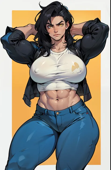 huge muscles huge breasts huge thighs toned body athletic tight shirt tight pants black hair yellow eyes pale skin perfect