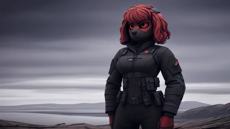 Skye, female cockapoo, floppy cockapoo ears, anthro, long messy ginger hair, tall, black full body military juggernaut suit canada all black and red, without helmet, serious, neutral expression, standing, extremely detailed, solo, beautiful, high quality, ...