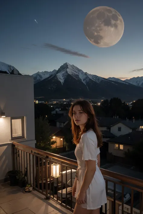 Redhead girl in balcony watching the moon at night, mountains with snow, bmw x5 far away, wearing sleep dress