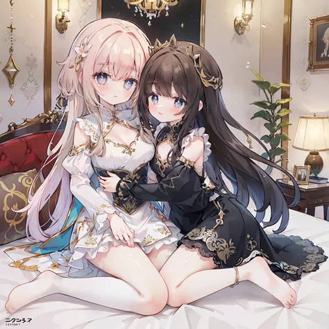 (best quality,8k,high resolution,masterpiece:1.2),super detailed,lifelike,CG wallpaper,Excellent, Beautiful and delicate face, exquisite eyes，2 girls, Hug together，cross-shaped pupils, Default attire, Everlasting，Kneel on the bed，blush，One woman holds down...