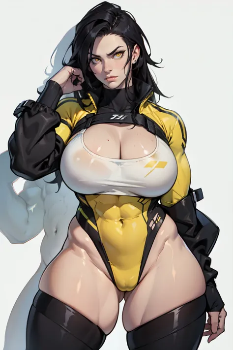 disgust ((muscular)) breasts huge thighs pale skin black hair yellow eyes girl