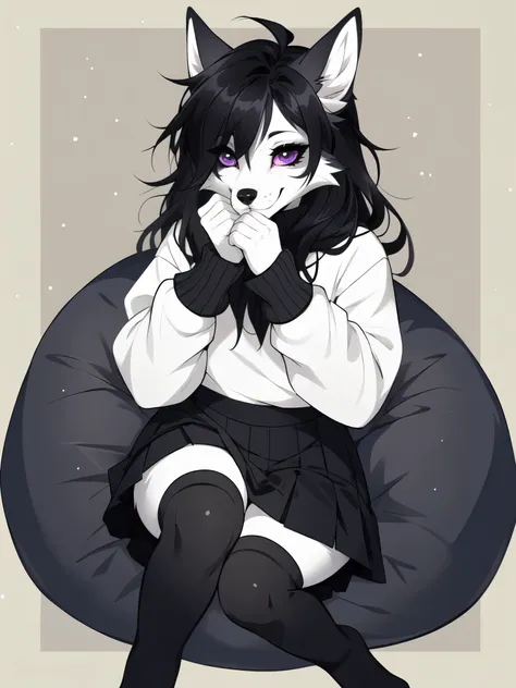 by fumiko, by hyattlen, flat colors, cell shading, anthro husky female, black and white fur, husky face markings, emo hair, blac...