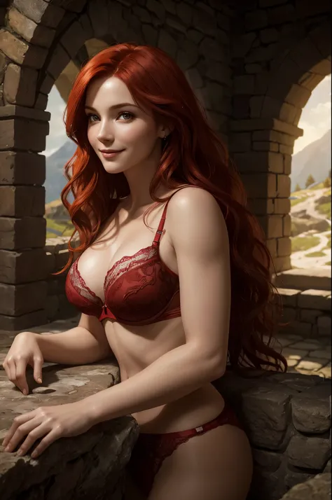 Triss, flowing wavy red hair, ((beautiful, perfect face)), ((detailed, beautiful, perfect, eyes)), ((lingerie)), smiling, looking at viewer, relaxing in a stone-walled hunting lodge, fun, ((realistic)), dramatic lighting, (depth of field), ((masterpiece)) ...