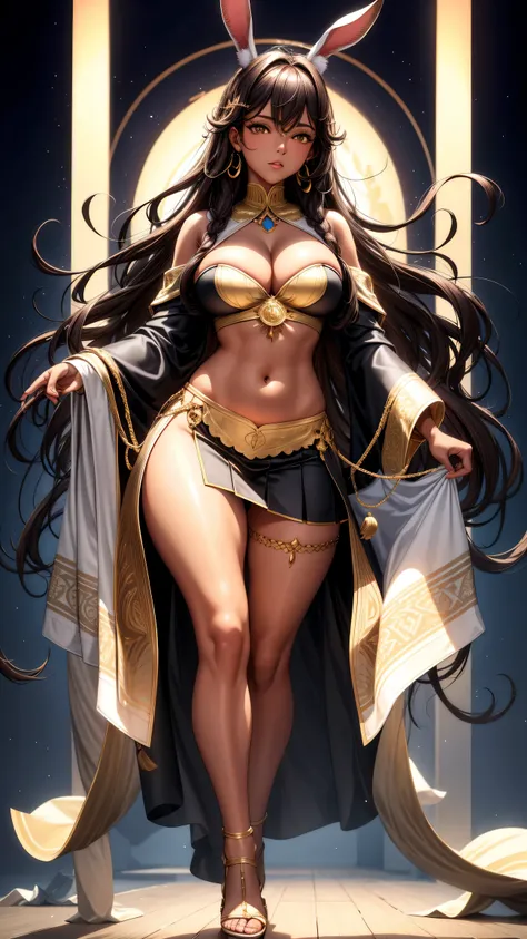 (best quality:1.5, highres, UHD, 4K, detailed lighting, shaders), brown wavy hair, gradient hair, rabbit ears, large breasts, large butt, big thighs, mature indian woman, woman stretch jersey, small black skirt, white panties, black skirt, (pov), full body...