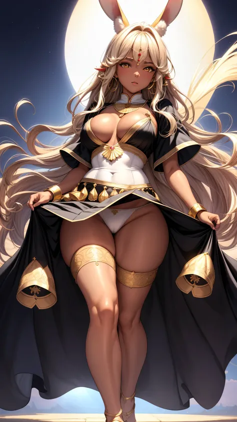 (best quality:1.5, highres, UHD, 4K, detailed lighting, shaders), brown wavy hair, gradient hair, rabbit ears, large breasts, large butt, big thighs, mature indian woman, woman stretch jersey, small black skirt, white panties, black skirt, (pov), full body...