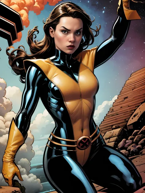 (((a comic style, cartoon art))). shadowcat posing for photo in epic heroic pose, wearing his iconic x-men uniform. a concentrat...