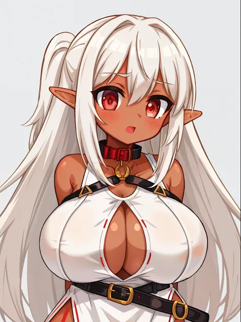 (tanned elf girl:1.2), (white_hair red_eyes) (slave beige torn damaged dress attire), (collar) (belts), (huge tits)