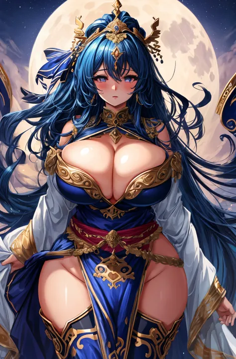 Goddess Of Night, enormous breasts, giant ass, very curvy, Wide hips, thick thighs, Bursting breasts, huge , heavy breast, white silk, areola. nipple, big ass, abdomen muscle, sweaty, glowing eyes, in temple, full moon