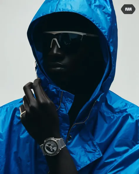 um verdadeiro retrato, half portrait of a black plastic mannequim, black plastic, black plastic skin color, wearing a long blue plastic coat, Strike a pose, with sunglasses, poses in professional photo studio, Backgroung branco, Professional studio lights