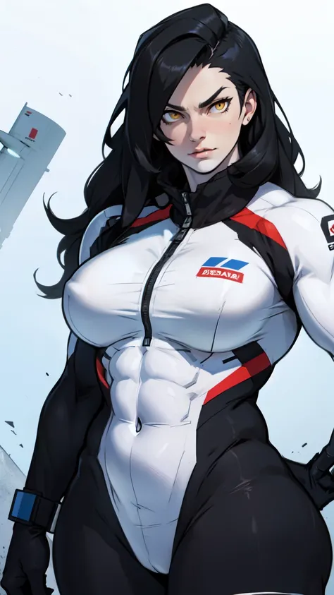 1 girl, black hair, yellow eyes, very long hair, pale skin, ((((extremely muscular)))), large breasts, (confident expression), pilot suit,