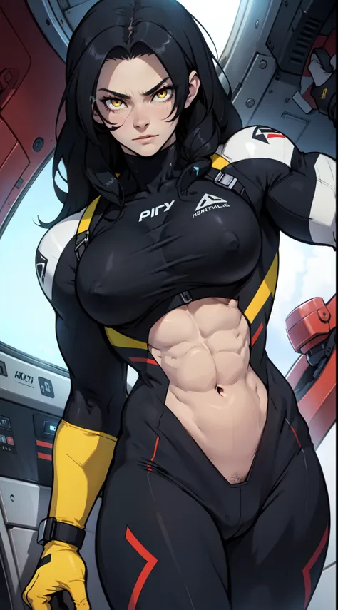 1 girl, black hair, yellow eyes, very long hair, pale skin, ((((extremely muscular)))), large breasts, (confident expression), pilot suit, close up