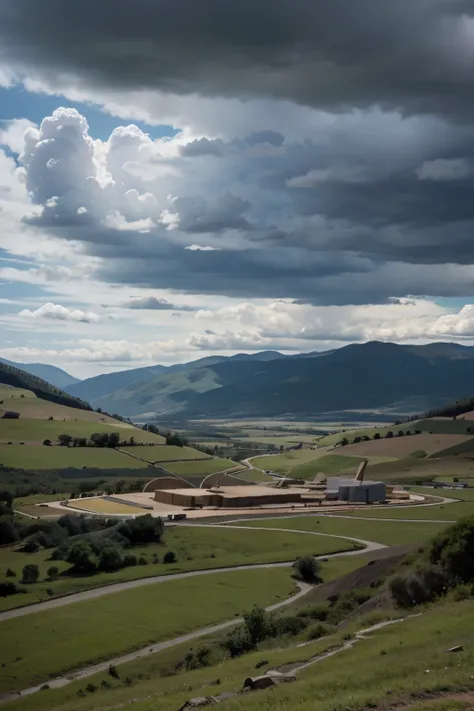 Oblique view of Noah&#39;s Ark being built in a valley, circundado por montanhas. Blue sky with dark clouds in the background