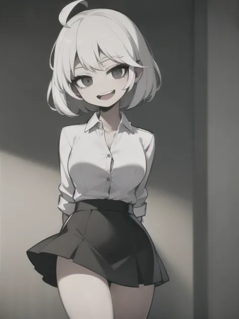 ((masterpiece, best quality)), (1girl), (solo), (female focus), (ahoge, white hair, short hair), black eyes, light smile, open mouth, ((white shirt), (buttoned shirt), (button gap)), ((black skirt), (short skirt)), standing, white background, arms behind b...