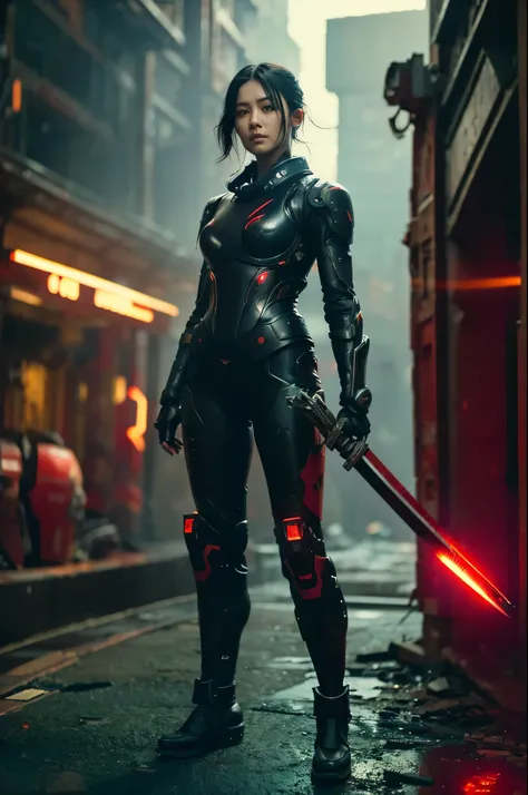 This is a CG Unity 8k wallpaper with ultra-detailed, high-resolution and top quality in cyberpunk style, dominated by black with a hint of red, In the picture, a beautiful Japanese girl with a short straight half shaved black hair, a delicate face, wearing...