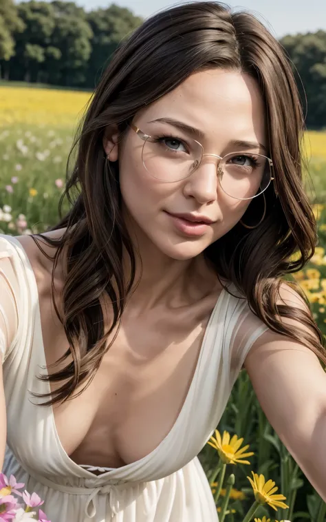 (Gal Gadot:Evangeline Lilly), (looking at viewer, light smile, ), brown hair, brown eyes,  long hair, hair_flying, Fluttering hair, flying_hair, ((Transparent glasses, glasses, glasses_on_nose)), ((white dress)), (downblouse), (no bra), sexy, charming, stu...