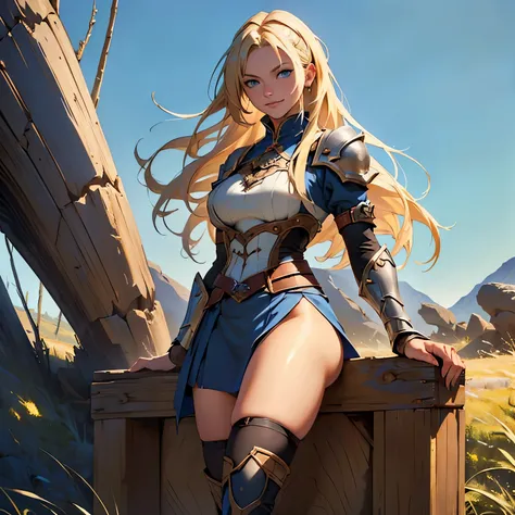 (blonde, long hair), (blue eyes: 1.1), gentle smile, feminine, (medieval monster hunter outfit: 1.1), smooth skin, (slender figure), (emphasized thighs: 1.1) , (best quality, high resolution), portrait.  (best quality, 4k, 8k, high resolution, masterpiece:...