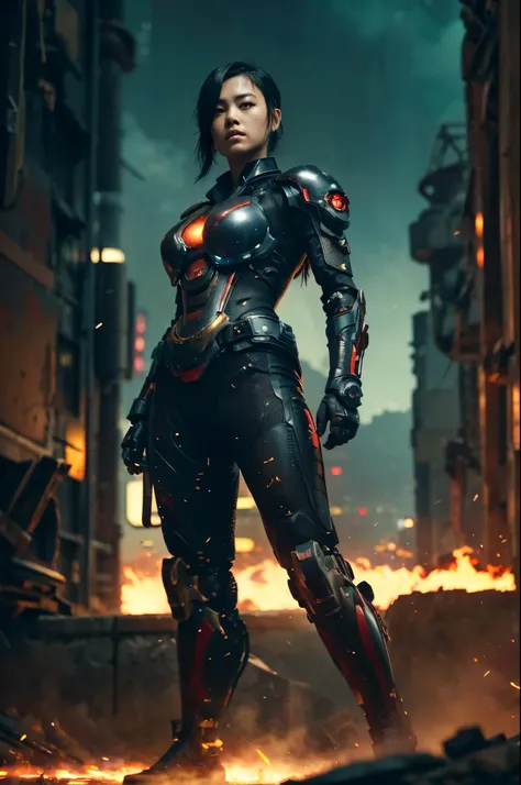 This is a CG Unity 8k wallpaper with ultra-detailed, high-resolution and top quality in cyberpunk style, dominated by black with a hint of red, In the picture, a beautiful Japanese girl with a short straight half shaved black hair, a delicate face, wearing...