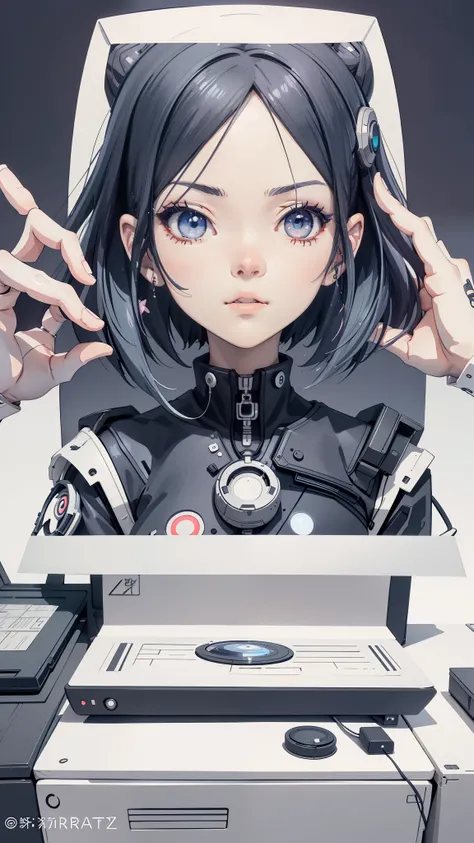 There is a woman cutting her hair on the computer, Anime style digital art, detailed digital animation art, Portrait anime space cadet girl, digital animation art, Digital animation illustration, Beautiful digital artwork, guweiz style artwork, Digital Cyb...