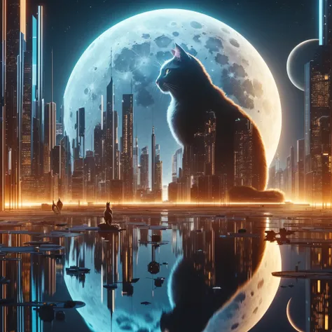 Close-up of a cat sitting in the city with the moon in the background, 3DレンダリングBeeple, 4K high-definition digital art, planet of the cats, Beeple風に, City of the Moon, cyberpunk cat, 映画のようなBeeple, Inspired by Mike "Beeple" Winkelmann, inspired by Beeple