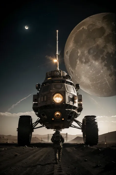 diesel-era inspired space gear explore the Moons rugged terrain. The scene is rich with the industrial and mechanical motifs characteristic of dieselpunk, featuring bulky, riveted space suits, and a lunar rover designed with art deco elements and exposed m...