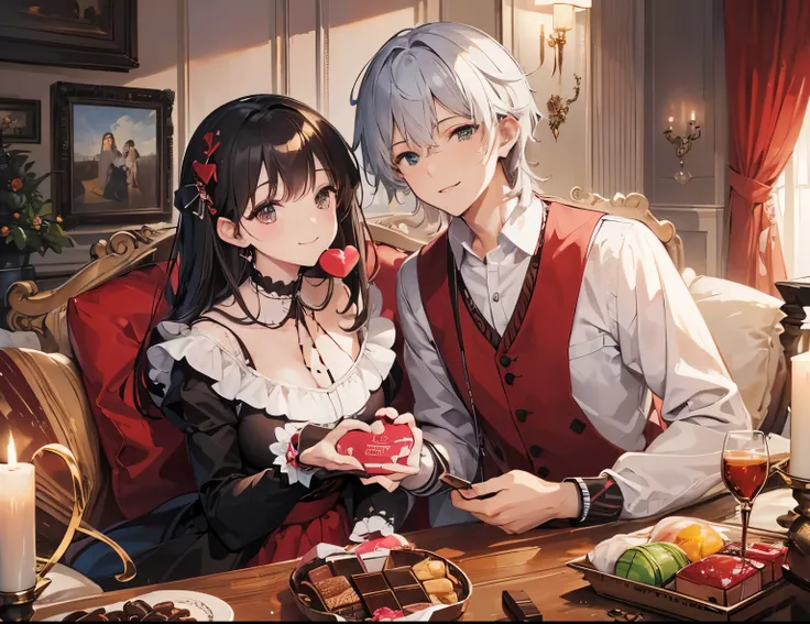 ((Best quality, A high resolution, Masterpiece:1.2)), (Romantic) ,(Happy smile),(Clear facial features),(Couple portrait) a woman feed a chocolate to a man, holding a gift box with a heart, Romantic couple photo, Valentine, landscape